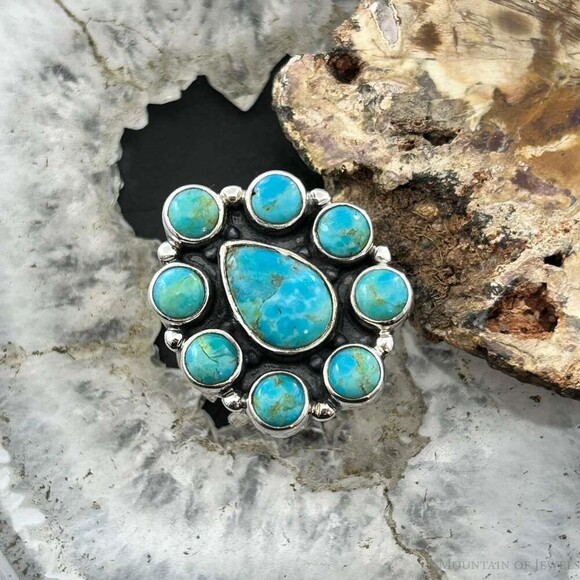 Sterling Silver Southwestern Style Mohave Turquoise Cluster Ring Sz 8 For Women